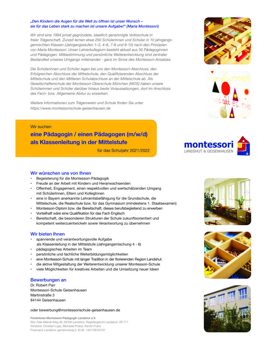 Stellenanzeige Pädagogin / Pädagoge als Klassenleitung in der Mittelstufe (m/w/d)